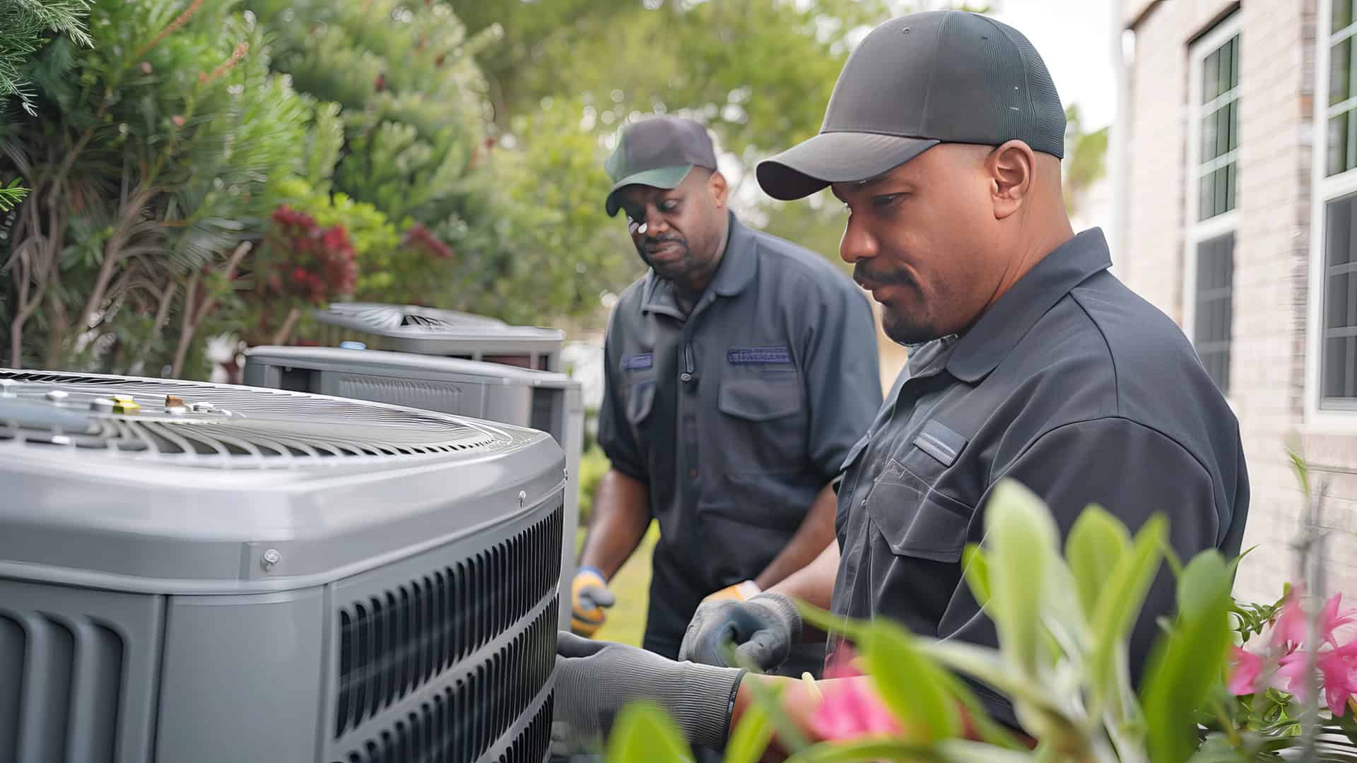 two african-american hvac technicians fixing an ac unit outside a home